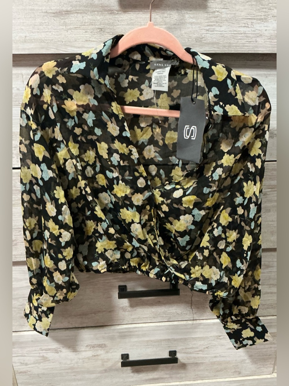 Sans Souci Black Sheer Twist-Front Blouse with Yellow & Light Blue Floral Print